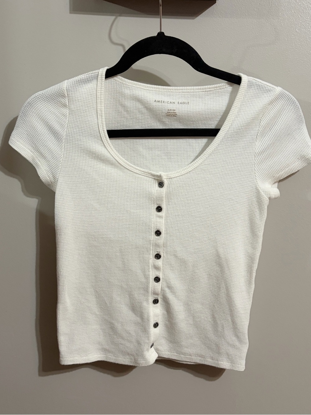 American Eagle Outfitters White Waffle Knit Scoop Neck Crop Top with Buttons